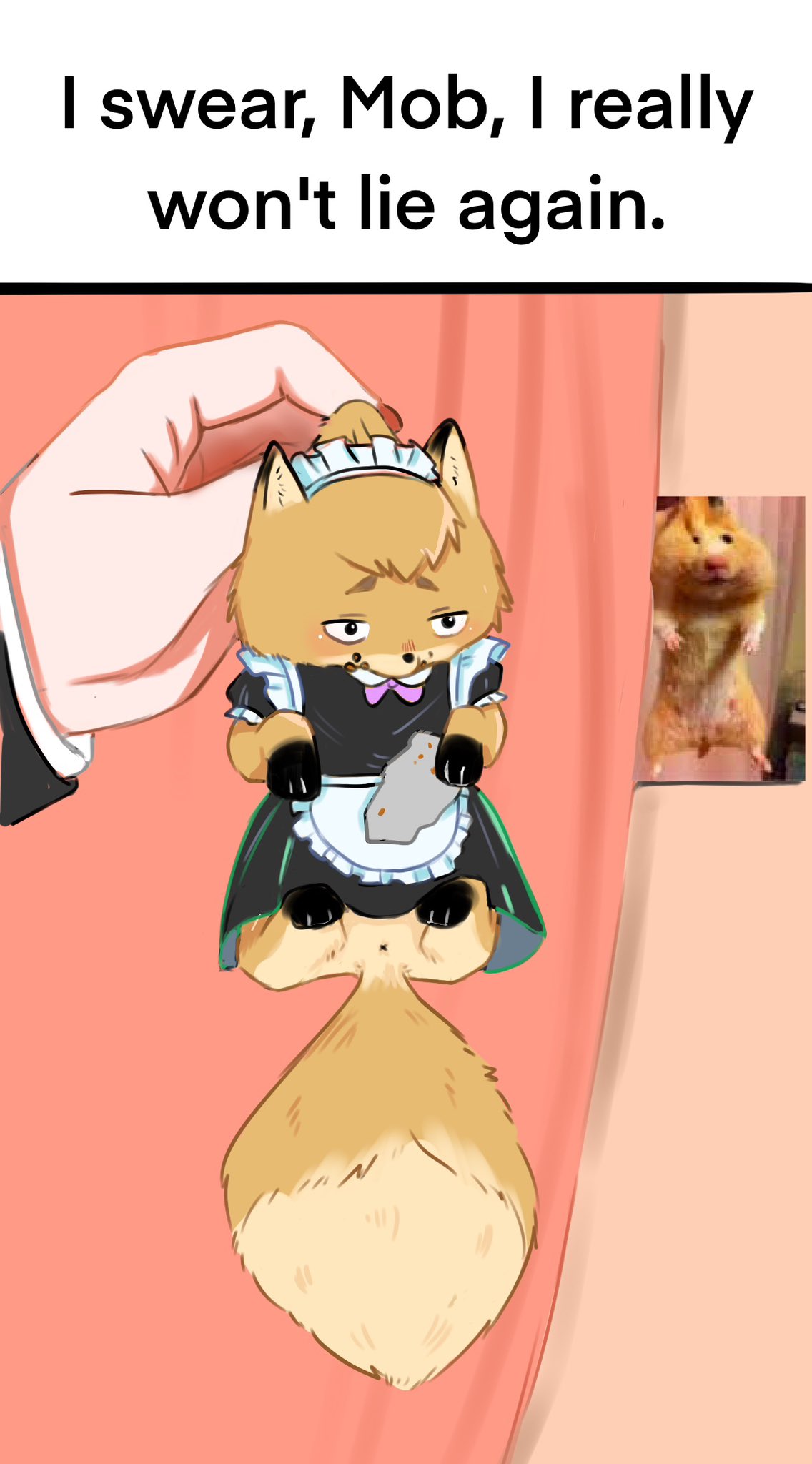 anus apron canid canine carrying_another clothed clothed_feral clothing cricetid dress duo english_text feral fluffy fluffy_tail fox fur hamster handpaw hi_res hindpaw human leg_markings maid_headdress maid_uniform male mammal markings meme micro mob_psycho_100 one_(manga) orange_body orange_fur paws real reference_image reigen_arataka rodent shigeo_kageyama socks_(marking) tail tannyyee520 text uniform x_anus