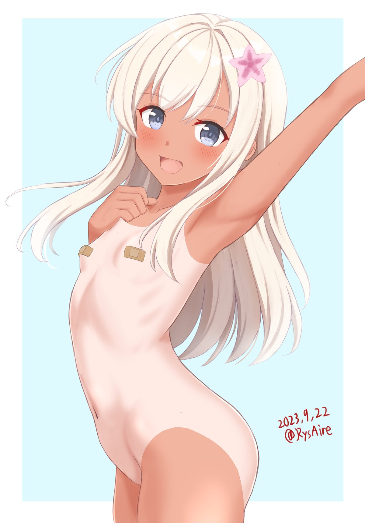 1girl ame-san armpits bandaid bandaids_on_nipples blonde_hair blue_eyes blush breasts collarbone commentary_request cowboy_shot flower hair_flower hair_ornament highres kantai_collection long_hair looking_at_viewer navel nude one-piece_tan open_mouth pasties ribs ro-500_(kancolle) small_breasts smile solo tan tanlines