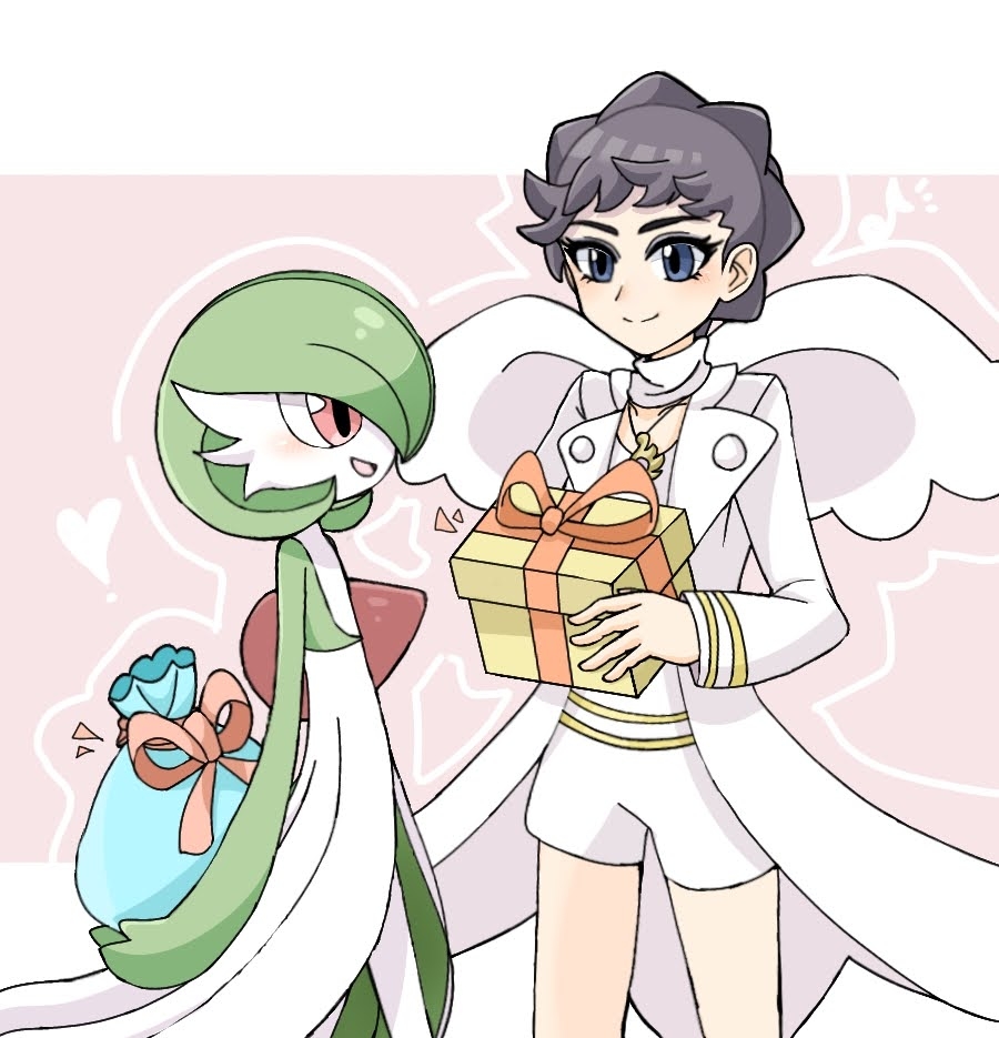 2girls arms_behind_back black_hair blue_eyes blush bob_cut box closed_mouth coat collarbone colored_skin commentary_request cowboy_shot diantha_(pokemon) eye_contact flat_chest from_side gardevoir gift gift_box green_hair green_skin hands_up happy heart holding holding_box holding_gift holding_sack jewelry jpeg_artifacts long_sleeves looking_at_another multicolored_skin multiple_girls musical_note necklace open_clothes open_coat open_mouth orange_ribbon outline partial_commentary pink_background pokemon pokemon_(creature) pokemon_(game) pokemon_xy profile red_eyes red_ribbon ribbon sack shirt short_hair short_shorts shorts smile split_mouth standing suzu_(pixiv_32232702) thighs two-tone_skin white_coat white_outline white_shirt white_shorts white_skin white_wings wings