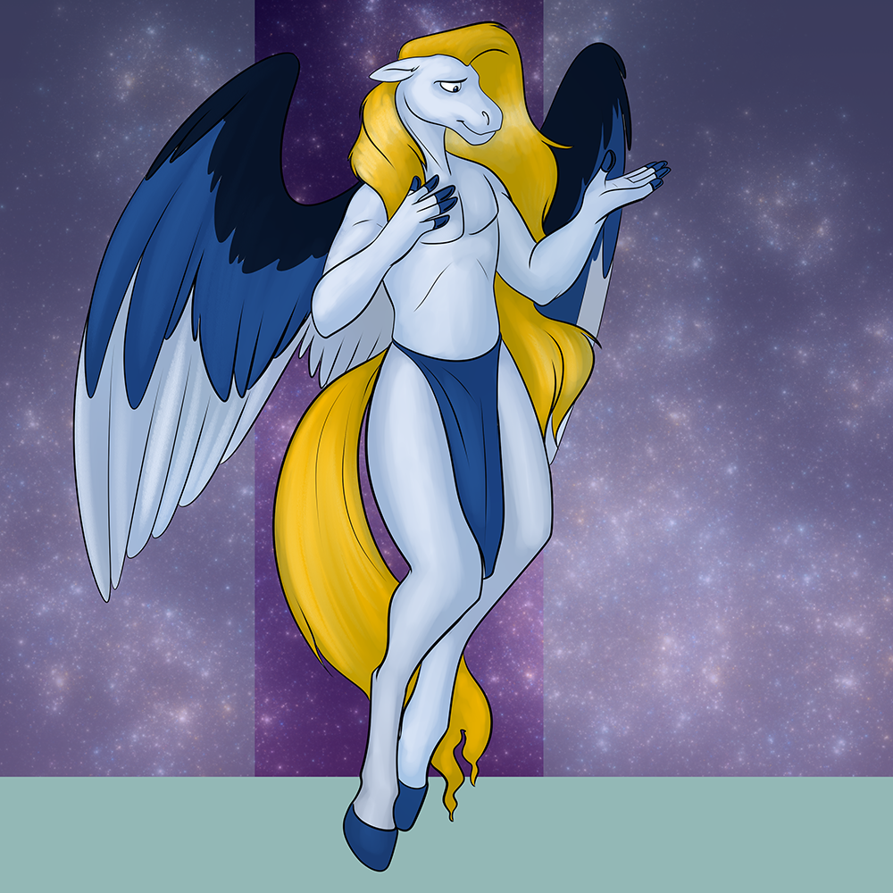 1:1 anthro blonde_hair bottomwear chakona_space clothed clothing equid equine feathered_wings feathers foxenawolf goldfur's_cogsverse hair hooves horse loincloth male mammal sojourner_(goldfur) solo tail topless wings