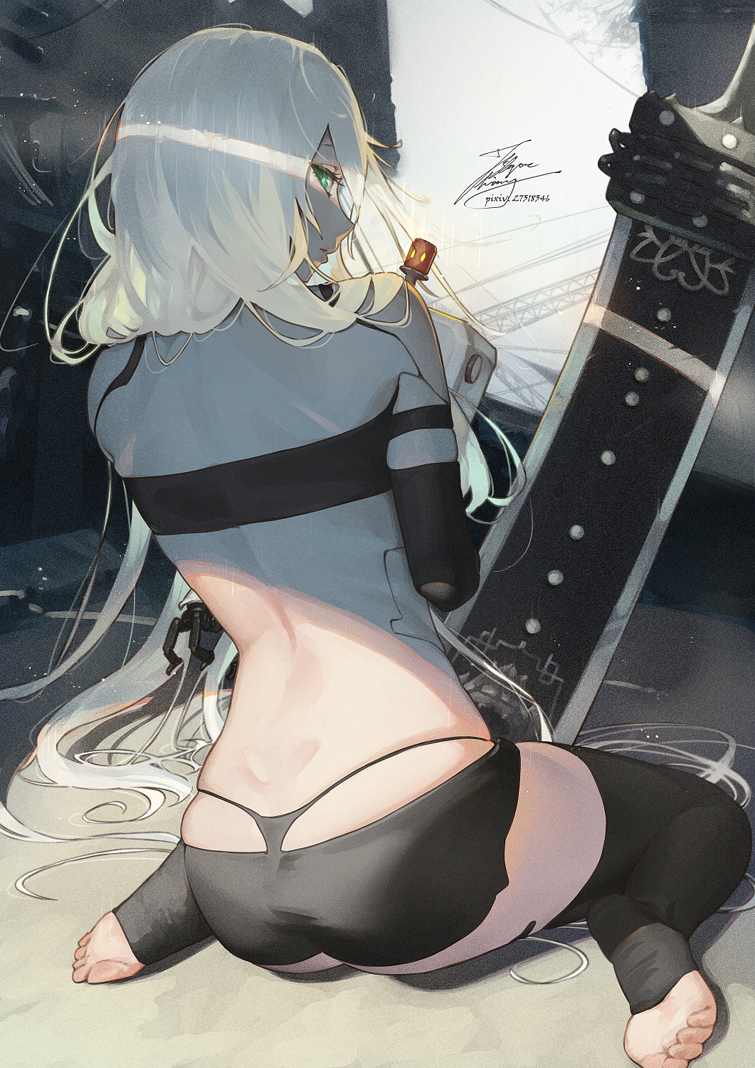 1girl aqua_eyes ass back black_thighhighs cyborg fadingz from_behind full_body highres long_hair looking_back nier:automata nier_(series) parted_lips pixiv_id signature sitting solo sword thighhighs thong toes very_long_hair wariza weapon white_hair yorha_type_a_no._2