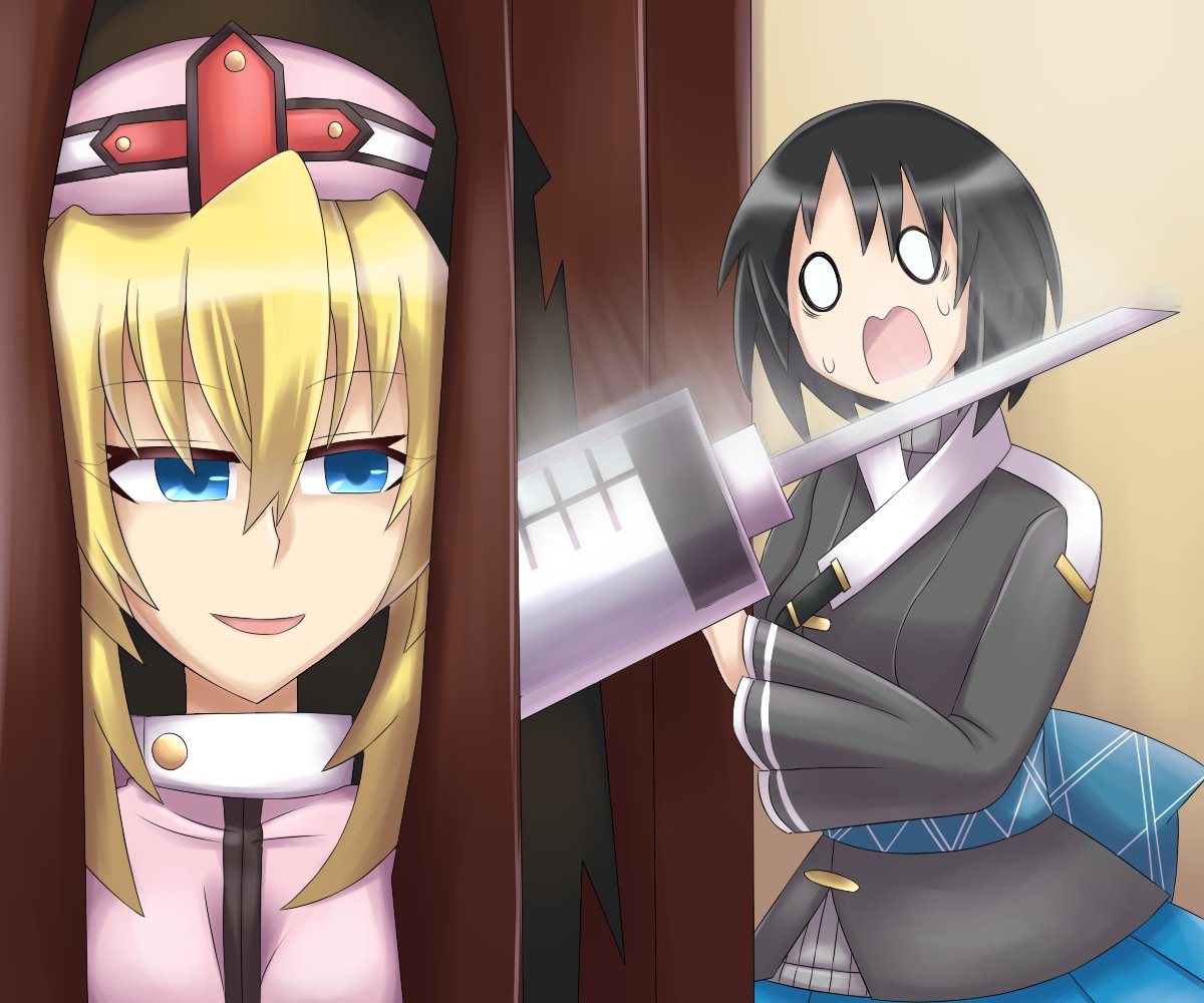 0_0 2girls bell_sleeves black_hair black_shirt blonde_hair blue_eyes blue_skirt broken_door commentary hat here's_johnny!_(meme) hiding hole housou_masamune kashuu_kiyomitsu_(tenka_hyakken) large_syringe long_sleeves meme multiple_girls mun_wa_maro nurse nurse_cap obi_bow open_mouth oversized_object pink_shirt shirt short_hair sidelocks skirt smile surprised sweatdrop syringe tenka_hyakken