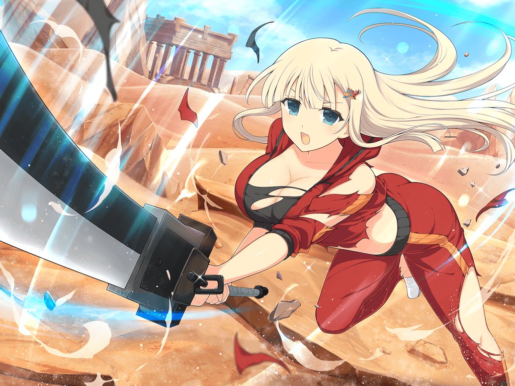 1girl architecture attack black_sports_bra blonde_hair blue_eyes blue_sky blunt_bangs blush breasts cleavage cloud collarbone day debris desert energy greatsword hair_ornament hairclip holding holding_sword holding_weapon hood hooded_jacket huge_weapon incoming_attack jacket large_breasts lens_flare lens_flare_abuse light_particles long_hair looking_at_viewer motion_lines official_alternate_costume official_art open_mouth outdoors pants pillar red_jacket rock ruins sand senran_kagura senran_kagura_new_link senran_kagura_shoujo-tachi_no_shin'ei shiny_skin sky slashing solo sparkle speed_lines sports_bra sword temple torn_clothes torn_jacket torn_pants torn_sleeves torn_sports_bra track_jacket track_pants track_suit wasteland weapon white_footwear yaegashi_nan yomi_(senran_kagura)