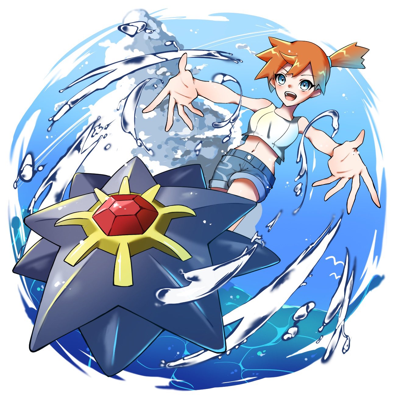 1girl asymmetrical_hair bare_shoulders blue_eyes blush breasts denim denim_shorts hair_tie highres legs looking_at_viewer medium_breasts midriff misty_(pokemon) navel open_mouth orange_hair pokemon pokemon_(creature) pokemon_(game) pokemon_lgpe ponytail shirt short_hair short_shorts shorts side_ponytail smile starmie syake_uma5 water white_shirt