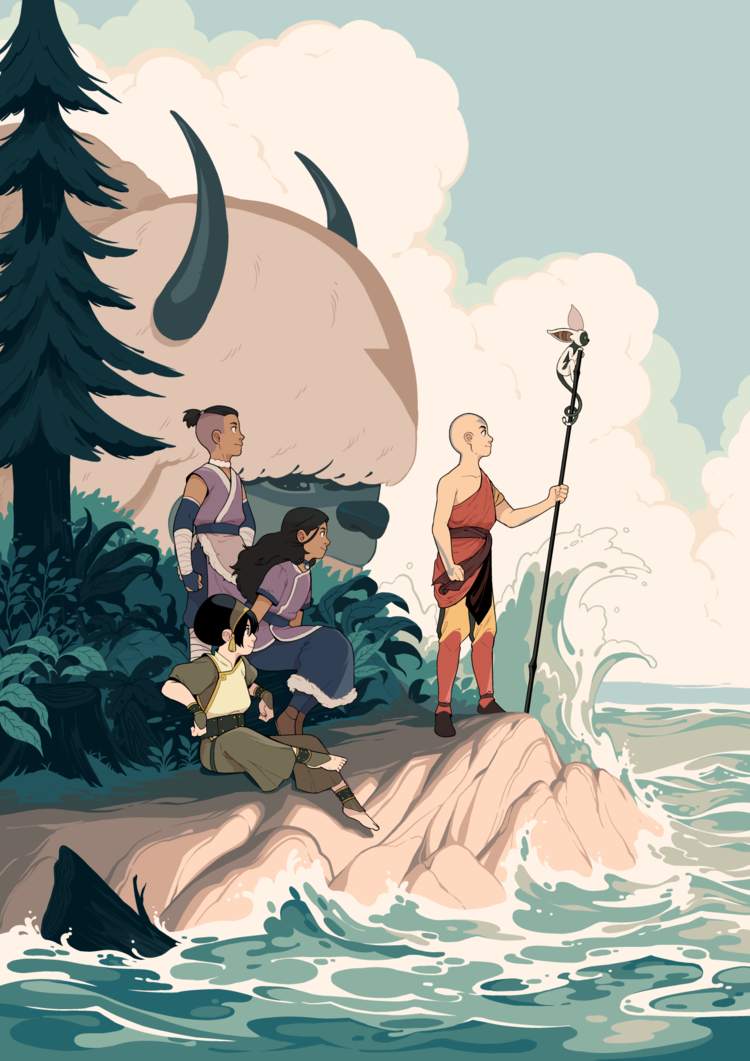 2boys 2girls aang aluhnim animal appa arm_tattoo arm_up avatar:_the_last_airbender avatar_legends bald barefoot bison black_hair clenched_hand cloud cloudy_sky dark_skin facial_tattoo holding holding_pole katara lemur long_hair looking_ahead momo_(avatar) multiple_boys multiple_girls ocean oversized_animal pole purple_shirt shirt short_sleeves sitting sky sleeveless sleeveless_shirt smile sokka standing tattoo toph_bei_fong topknot tree waving