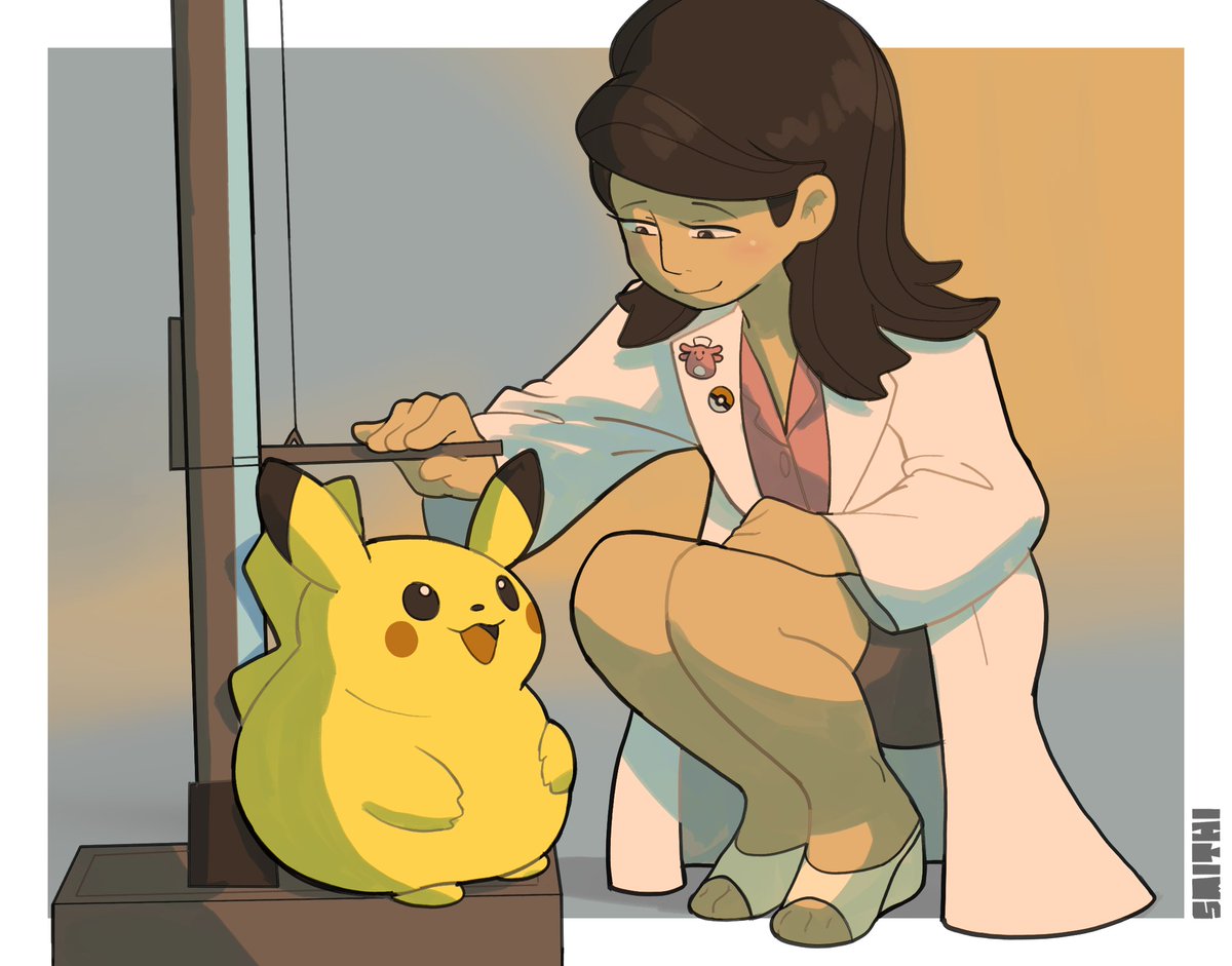 1girl asian badge blush blush_stickers border brown_hair button_badge chansey coat doctor eversmithi gradient_background happy lab_coat lapel_pin measuring medium_hair open_mouth outside_border photo-referenced pikachu poke_ball pokemon shadow skirt smile stadiometer white_border white_coat