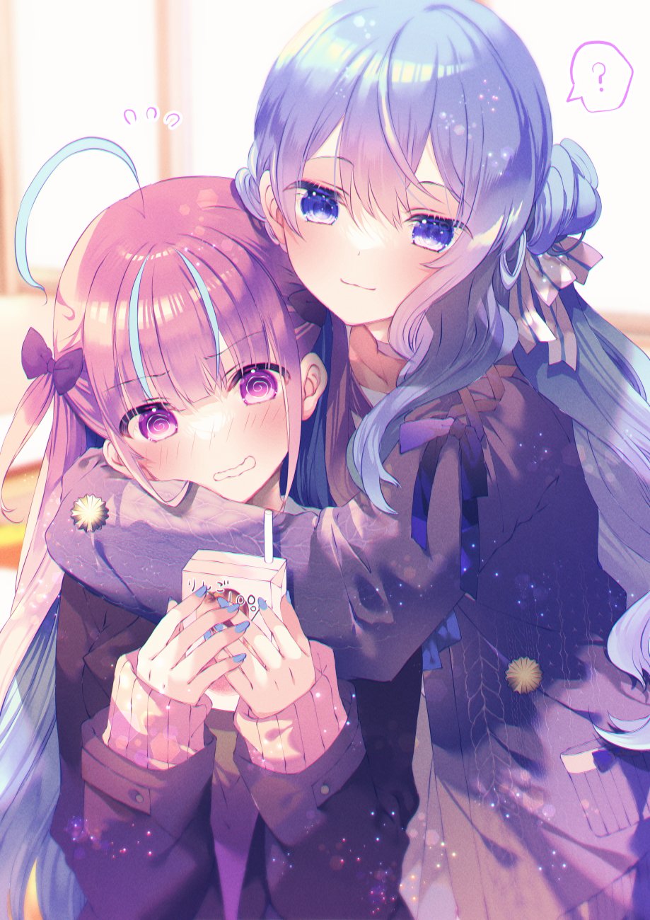2girls ? @_@ ahoge arms_around_neck blue_eyes blue_hair blue_nails blush bow cardigan collarbone commentary_request grey_cardigan hair_bow highres holding hololive hoshimachi_suisei hoshimachi_suisei_(4th_costume) hug hug_from_behind juice_box long_hair long_sleeves minato_aqua minato_aqua_(7th_costume) moo_(umineko) multicolored_hair multiple_girls parted_lips pink_eyes pink_hair sleeves_past_wrists smile spoken_question_mark two-tone_hair window yuri