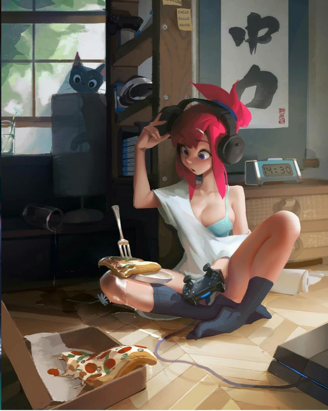 1girl artist_name black_cat black_socks blue_bra blue_eyes bo_xun_lin bra breasts cat cleavage clock controller cropped drawer flower food fork game_console game_controller hair_bun hair_ornament hairclip headphones highres large_breasts long_hair non-web_source off-shoulder_shirt off_shoulder open_mouth original paper_towel partially_immersed pepperoni pink_hair pizza playstation_4 shelf shirt single_hair_bun sitting socks solo underwear white_flower white_shirt window