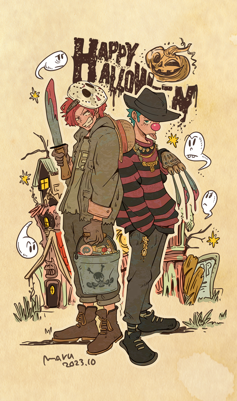 2boys a_nightmare_on_elm_street blood blood_on_weapon blue_eyes blue_hair brown_eyes brown_gloves bucket buggy_the_clown candy commentary_request cosplay crossover dated english_text food freddy_krueger freddy_krueger_(cosplay) friday_the_13th full_body ghost gloves halloween halloween_bucket halloween_costume hand_in_pocket hat hat_on_back highres holding holding_bucket holding_weapon jason_voorhees jason_voorhees_(cosplay) jewelry machete mask mask_on_head multiple_boys necklace one_piece pumpkin red_hair shack shanks_(one_piece) short_hair signature skeleton_info skull_and_crossbones smile standing straw_hat teeth tombstone tongue tongue_out weapon