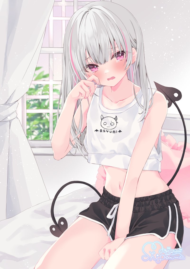 1girl asumi_sena bare_legs bare_shoulders black_shorts blush commentary_request crop_top demon_tail indoors long_hair looking_at_viewer midriff moizumi_shipon multicolored_hair navel on_bed red_eyes shirt short_shorts shorts sleeveless sleeveless_shirt solo tail tank_top tears twintails vspo! white_hair