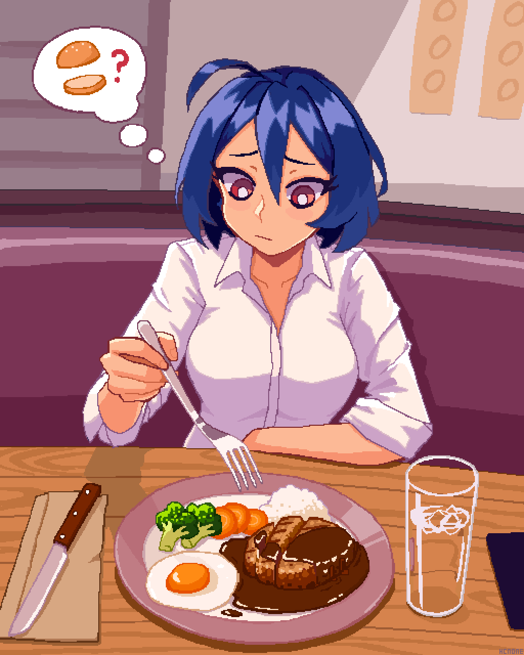 1girl ahoge blue_hair bright_pupils broccoli closed_mouth collared_shirt egg_(food) endless_monday:_dreams_and_deadlines english_commentary food fork glass hamburger_steak hcnone highres holding holding_fork knife looking_down original paper_towel pixel_art red_eyes rice shirt skye_(hcnone) sleeves_rolled_up solo table thinking thought_bubble upper_body water white_pupils white_shirt wooden_table