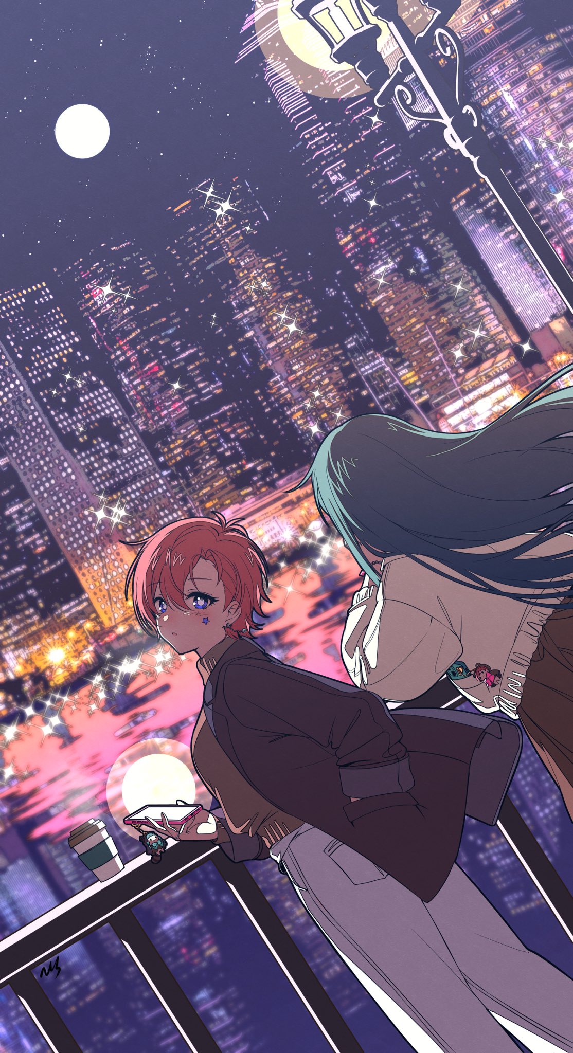 2girls :o black_jacket blush bright_pupils brown_sweater building cup disposable_cup dutch_angle from_behind full_moon green_hair hand_in_pocket highres holding holding_phone idolmaster idolmaster_million_live! jacket julia_(idolmaster) kitakami_reika looking_at_viewer looking_back moon multiple_girls nys orange_hair outdoors pants phone railing sparkle star_(symbol) sweater white_pants white_pupils