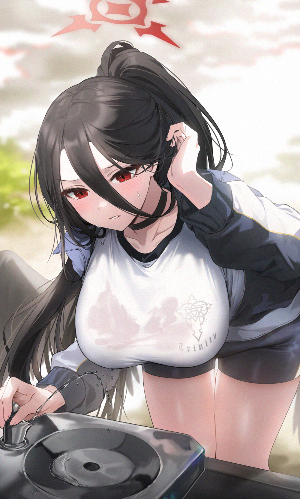 1girl black_choker black_hair black_shorts blue_archive blush breasts choker clothes_writing collarbone gijang gym_shirt gym_uniform hair_between_eyes halo hasumi_(blue_archive) hasumi_(track)_(blue_archive) highres jacket large_breasts long_hair long_sleeves mole mole_under_eye official_alternate_costume parted_lips ponytail red_eyes red_halo shirt shorts solo thighs track_jacket water wet wet_clothes white_shirt