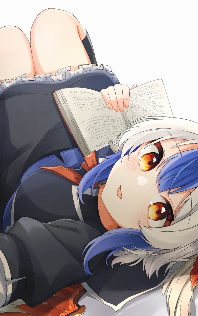 1girl bird_wings black_dress black_socks blue_hair blush book dress feathered_wings frilled_dress frills grey_hair gunsou1350 hair_between_eyes holding holding_book kneehighs looking_at_viewer lying multicolored_hair on_back open_book open_mouth red_eyes red_wings short_hair short_sleeves simple_background skirt smile socks solo streaked_hair tokiko_(touhou) touhou two-tone_hair white_background white_hair wings yellow_eyes