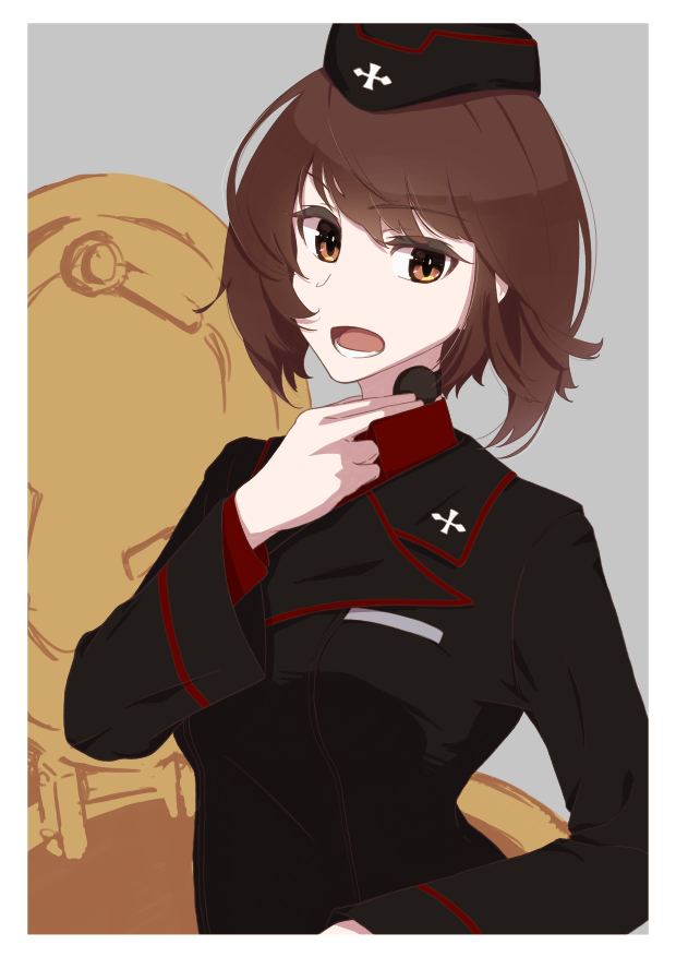 1girl black_headwear black_jacket brown_eyes brown_hair commentary dress_shirt garrison_cap girls_und_panzer hand_to_own_mouth hat insignia jacket kuromorimine_military_uniform long_sleeves looking_at_viewer military_hat military_uniform nishizumi_maho open_mouth oritako red_shirt shirt short_hair solo tank_cupola throat_microphone uniform upper_body wing_collar