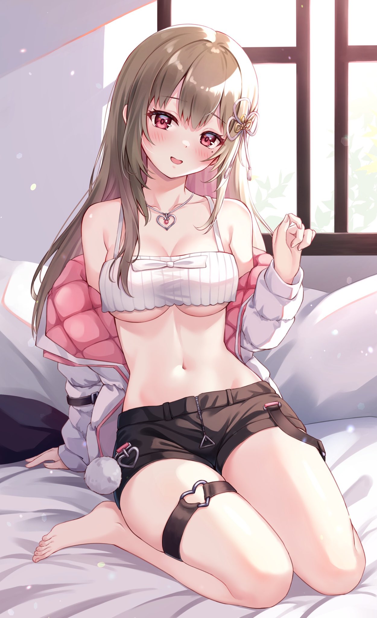 1girl ayaginu_temari bare_shoulders barefoot black_shorts breasts brown_hair camisole cleavage crop_top flower_knot hair_ribbon hand_up highres isekai_tensei_shite_v_ni_narimashita jacket jewelry large_breasts long_hair long_sleeves looking_at_viewer midriff mole mole_under_eye navel necklace off_shoulder open_clothes open_jacket open_mouth red_eyes ribbed_shirt ribbon sebu_illust seiza shirt short_shorts shorts sitting sleeveless sleeveless_shirt smile solo spaghetti_strap stomach thigh_strap thighs two-sided_fabric underboob virtual_youtuber white_jacket white_shirt