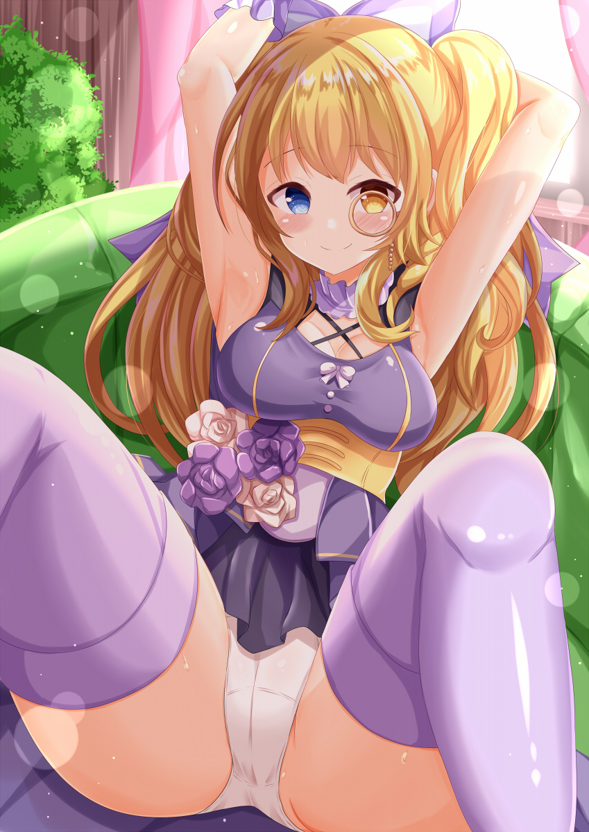 1girl arm_behind_head arms_up blonde_hair blue_eyes blush breasts brown_eyes cameltoe cleavage closed_mouth commentary_request commission copyright_request curtains day dress flower heterochromia highres indoors long_hair medium_breasts monocle panties purple_dress purple_flower purple_rose purple_thighhighs rose skeb_commission smile solo sunlight thighhighs two_side_up underwear very_long_hair white_flower white_panties white_rose window zenon_(for_achieve)