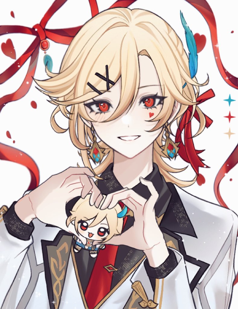 1boy black_shirt blonde_hair blue_feathers character_doll collared_shirt earrings facial_mark feather_hair_ornament feathers genshin_impact hair_ornament hairpin heart heart_facial_mark heart_hands jacket jewelry kaveh_(genshin_impact) kaveh_(gigo)_(genshin_impact) male_focus medium_hair necktie official_alternate_costume red_eyes red_necktie red_ribbon ribbon shirt smile solo teeth vest white_background white_jacket white_vest xiaoquantaohua