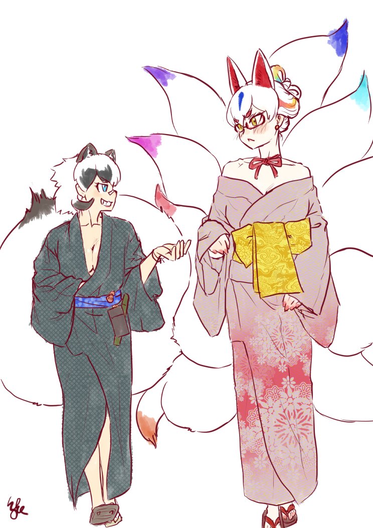 2girls :&lt; alternate_costume animal_ears bandaid bandaid_on_face bandaid_on_nose bare_shoulders black_hair blue_eyes blue_hair blush breasts cleavage collarbone colored_inner_hair earrings extra_ears fingernails floral_print fox_ears fox_girl fox_tail full_moon glasses grin hand_up height_difference inugami_gyoubu_(kemono_friends) japanese_clothes jewelry kemono_friends kimono kishida_shiki kyuubi_(kemono_friends) long_sleeves looking_at_viewer medium_hair moon multicolored_hair multicolored_tail multiple_girls multiple_tails nail_polish neck_ribbon off_shoulder okobo pale_skin print_kimono raccoon_ears raccoon_girl raccoon_tail red_hair red_nails ribbon side-by-side simple_background sleeves_past_wrists smile smug tail toenails toes two-tone_hair walking white_background white_hair wide_sleeves yellow_eyes