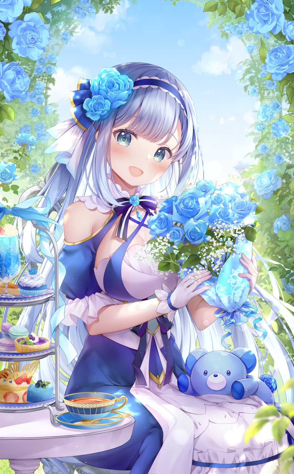 1girl :d arch baby's-breath blue_bow blue_bowtie blue_dress blue_eyes blue_flower blue_gemstone blue_hair blue_hairband blue_rose blush bouquet bow bowtie breasts cake choppy_bangs cleavage cleavage_cutout clothing_cutout cup cupcake dress floral_arch flower food gem gloves grey_hair haconect hair_flower hair_ornament hairband highres holding holding_bouquet ice_cream ice_cream_float large_breasts long_hair looking_at_viewer macaron multicolored_clothes multicolored_dress official_art open_mouth puffy_short_sleeves puffy_sleeves rose sakura_moyon saucer short_sleeves shoulder_cutout sidelocks sitting smile solo sophie_rose stuffed_animal stuffed_toy table tart_(food) tea teacup teddy_bear tiered_tray two-tone_dress very_long_hair virtual_youtuber white_dress white_gloves