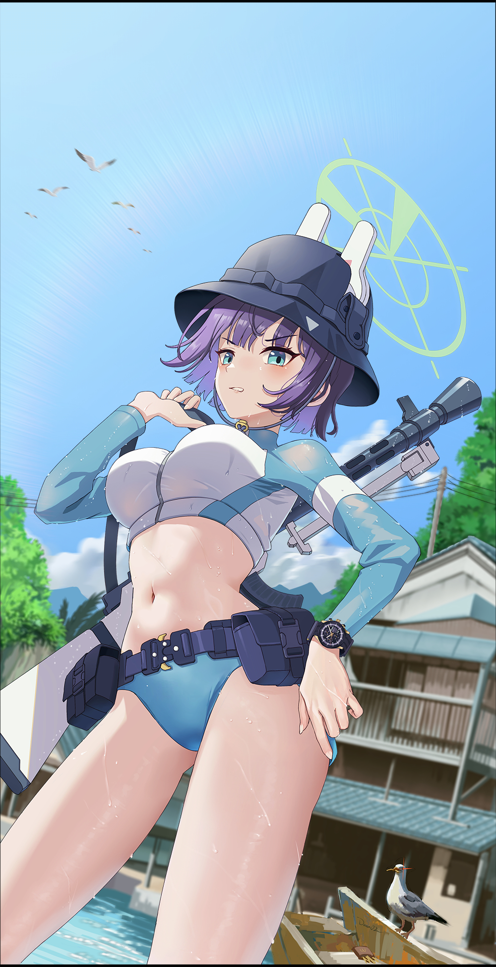 1girl animal_ears belt bikini bird blue_archive blue_bikini blue_eyes blue_headwear blue_sky breasts bucket_hat dawn02 dutch_angle fake_animal_ears feet_out_of_frame gun halo hand_on_own_hip hat highres lahti-saloranta_m/26 large_breasts long_sleeves looking_at_viewer midriff navel purple_hair rash_guard saki_(blue_archive) saki_(swimsuit)_(blue_archive) seagull short_hair sky solo submachine_gun swimsuit utility_belt watch weapon wet wristwatch