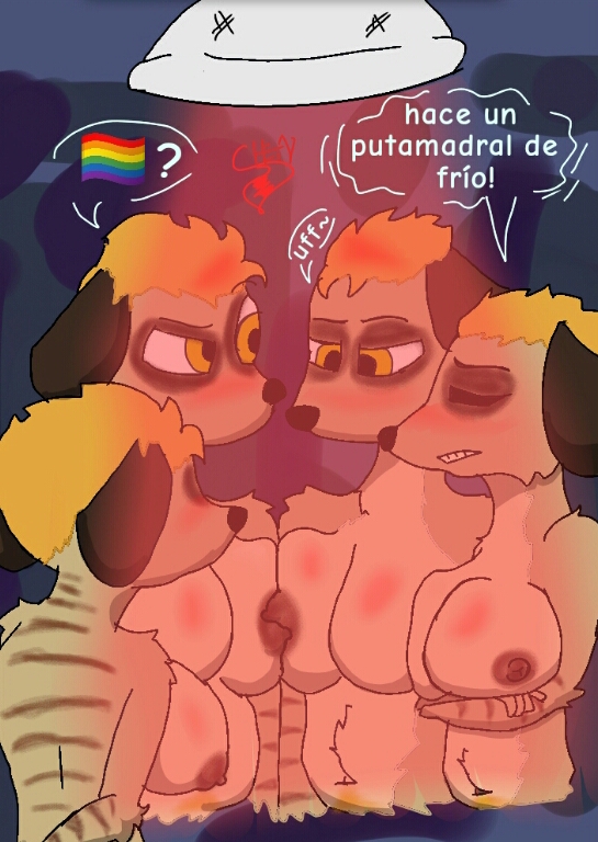 anthro areola big_breasts breasts cold dialogue erect_nipples female female/female foxchen fur group herpestid huge_breasts humor light mammal meerkat meme mexican night nipples nude slightly_chubby spanish spanish_text text winter