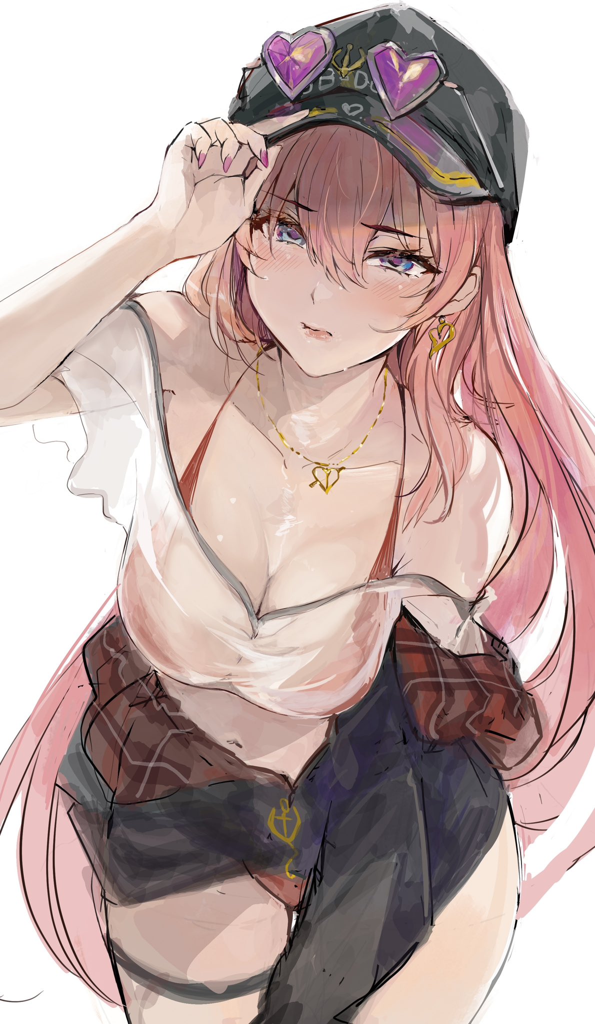 adjusting_clothes adjusting_headwear arrow_through_heart bare_shoulders bikini bikini_under_clothes black_headwear blue_eyes blush breasts cleavage closed_mouth collarbone commentary cosplay earrings eyewear_on_headwear fingernails gold_necklace heart heart-shaped_eyewear heart_earrings heart_necklace highres hololive houshou_marine houshou_marine_(cosplay) houshou_marine_(summer) jacket jewelry large_breasts long_hair looking_at_viewer nail_polish necklace official_alternate_costume official_alternate_hair_length official_alternate_hairstyle open_clothes open_jacket pink_nails red_bikini red_hair see-through see-through_cleavage sunglasses swimsuit takane_lui torn_flipper virtual_youtuber white_background