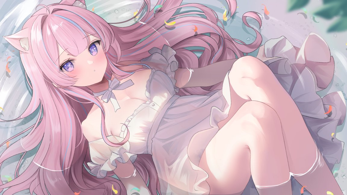 1girl animal_ear_fluff animal_ears blue_hair breasts cat_ears cat_girl cleavage commentary commission detached_sleeves dress hair_intakes indie_virtual_youtuber itigori_ena kurage_cc long_hair multicolored_hair partially_submerged pink_hair purple_eyes skeb_commission solo streaked_hair symbol-only_commentary virtual_youtuber white_dress