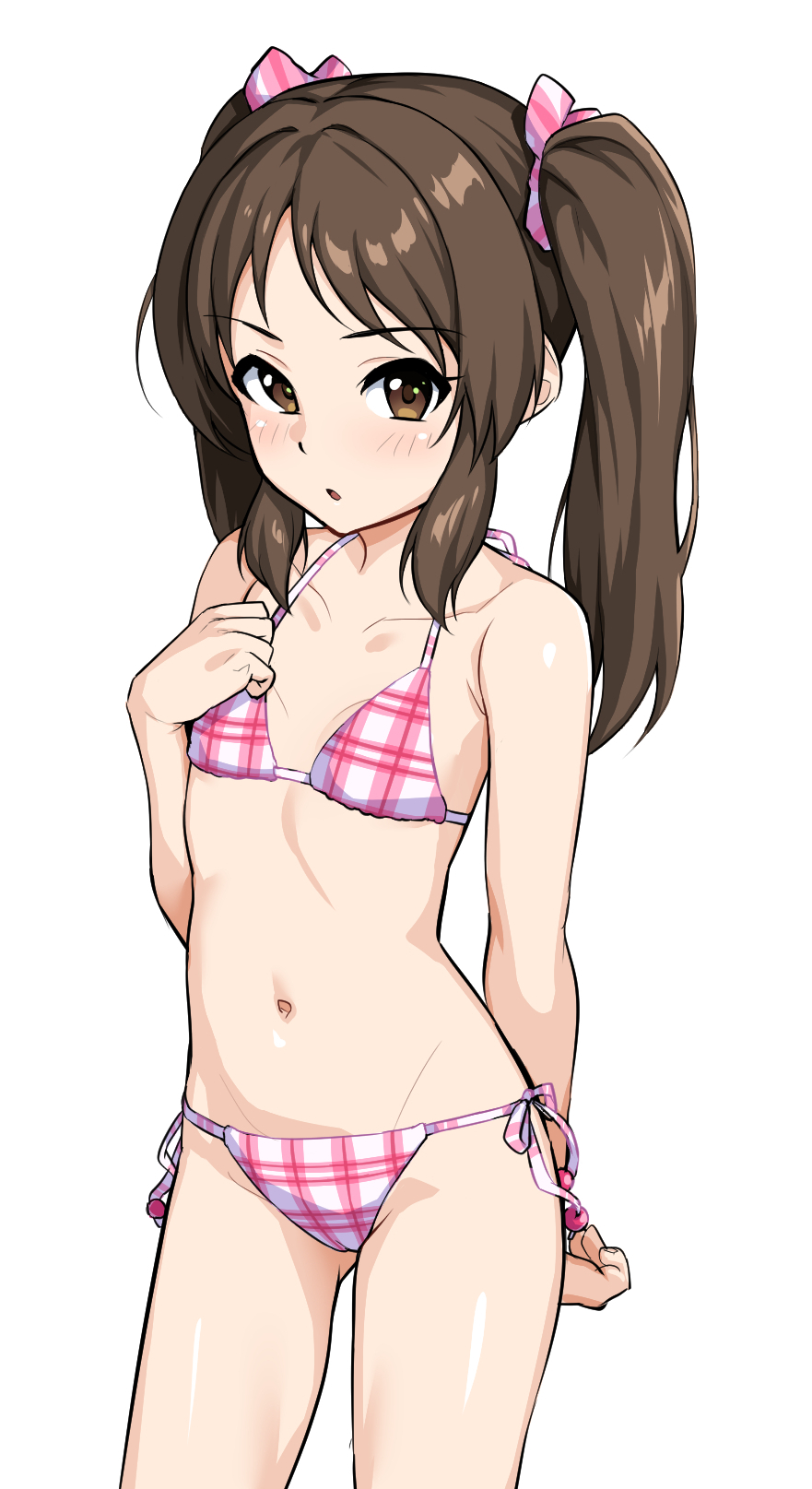 1girl alternate_hairstyle bikini blush breasts brown_eyes brown_hair checkered_bikini checkered_clothes clenched_hand collarbone commentary cowboy_shot female_child hadacra hair_ribbon hand_up highres idolmaster idolmaster_cinderella_girls long_hair looking_at_viewer navel parted_lips pink_bikini pink_ribbon ribbon side-tie_bikini_bottom sidelocks small_breasts solo stomach string_bikini swimsuit tachibana_arisu thighs twintails white_background