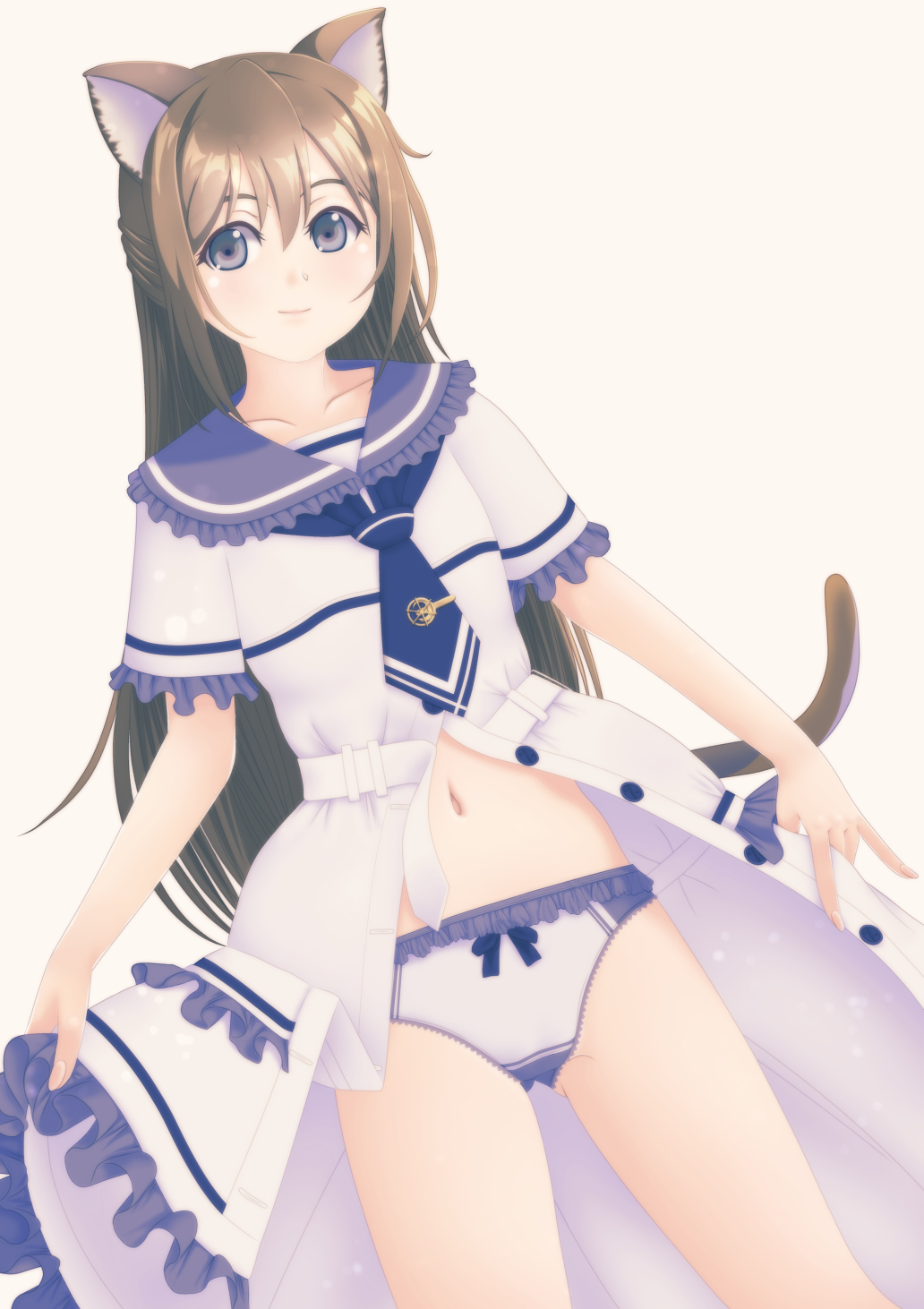 1girl animal_ears blue_eyes blue_neckerchief bow bow_panties brown_hair cat_ears cat_tail closed_mouth collar cowboy_shot dress dutch_angle frilled_collar frilled_dress frilled_panties frilled_sleeves frills highres jou_(circlemay) kemonomimi_mode lace-trimmed_panties lace_trim long_hair looking_at_viewer love_live! love_live!_nijigasaki_high_school_idol_club medium_dress navel neckerchief open_clothes open_dress opened_by_self ousaka_shizuku panties school_uniform simple_background smile solo standing tail underwear white_background white_dress white_panties