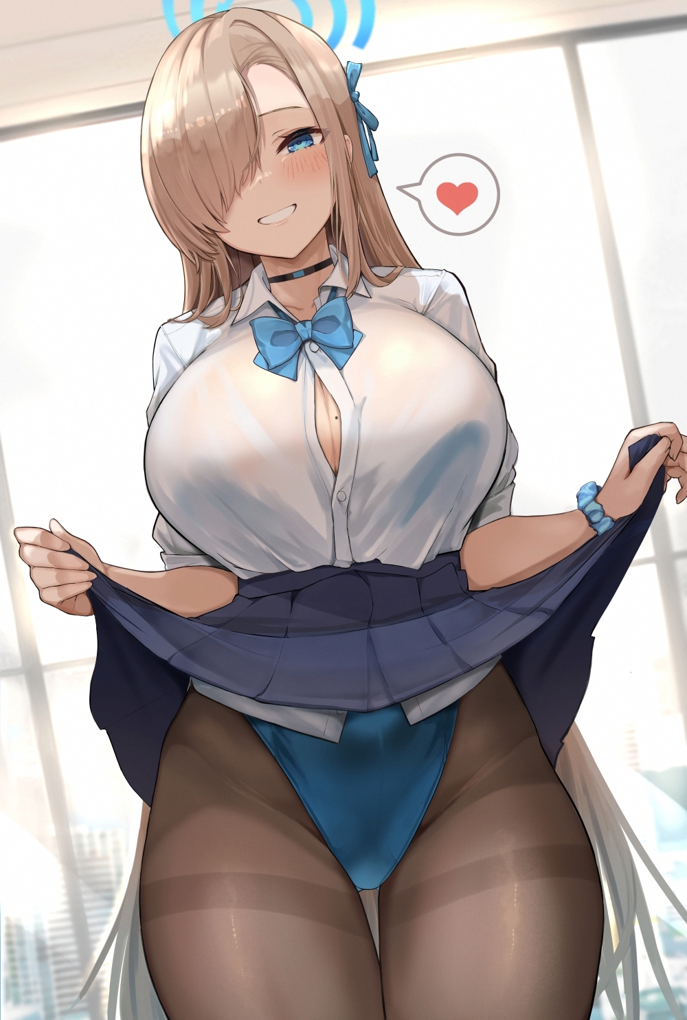 1girl asuna_(blue_archive) asymmetrical_bangs backlighting black_pantyhose black_skirt blue_archive blue_bow blue_bowtie blue_eyes blue_leotard blue_ribbon blue_scrunchie blush bow bowtie breasts bursting_breasts button_gap choker cleavage clothes_lift collared_shirt commentary_request cowboy_shot dress_shirt grin groin hair_over_one_eye hair_ribbon halo heart high-waist_skirt highleg highleg_leotard highres huge_breasts kihou_no_gotoku_dmc leotard leotard_peek leotard_under_clothes lifted_by_self light_brown_hair long_bangs long_hair looking_at_viewer mole mole_on_breast one_eye_covered pantyhose pleated_skirt revision ribbon school_uniform scrunchie see-through see-through_shirt shirt shirt_tucked_in skirt skirt_lift sleeves_rolled_up smile solo speech_bubble spoken_heart taut_clothes taut_shirt thighband_pantyhose thighs very_long_hair white_shirt window wrist_scrunchie