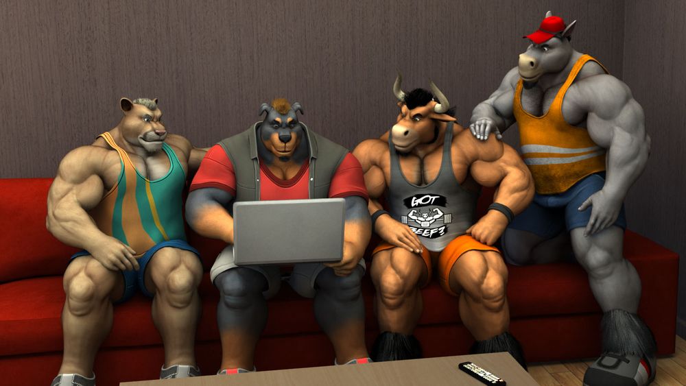 3d_(artwork) allen_(braford) ankle_tuft anthro baseball_cap belly biceps black_body black_clothing black_fur black_hair black_topwear black_vest blonde_hair blue_bottomwear blue_clothing blue_shorts bottomwear bovid bovine braford brown_body brown_fur brown_wall canid canine canis cattle chubby_anthro chubby_male claws clothing computer cougar deltoids digital_media_(artwork) domestic_dog equid equine facial_hair felid feline finger_claws fur furniture gesture goatee green_clothing green_shirt green_tank_top green_topwear grey_body grey_clothing grey_fur grey_shirt grey_tank_top grey_topwear group hair hat headgear headwear horn horse house_of_beef inside julian_(braford) laptop laptop_on_lap leg_tuft looking_at_another male mammal mastiff molosser muscular muscular_anthro muscular_male muscular_thighs orange_body orange_fur oscar_(braford) pattern_clothing pattern_shirt pattern_topwear pecs pointing pointing_at_self red_clothing red_hat red_headwear red_shirt red_t-shirt red_topwear rottweiler shirt shorts simon_(braford) sitting sofa striped_clothing striped_shirt striped_topwear stripes t-shirt tan_body tan_fur tank_top topwear tuft vest white_body white_bottomwear white_clothing white_fur white_shorts white_stripes yellow_stripes