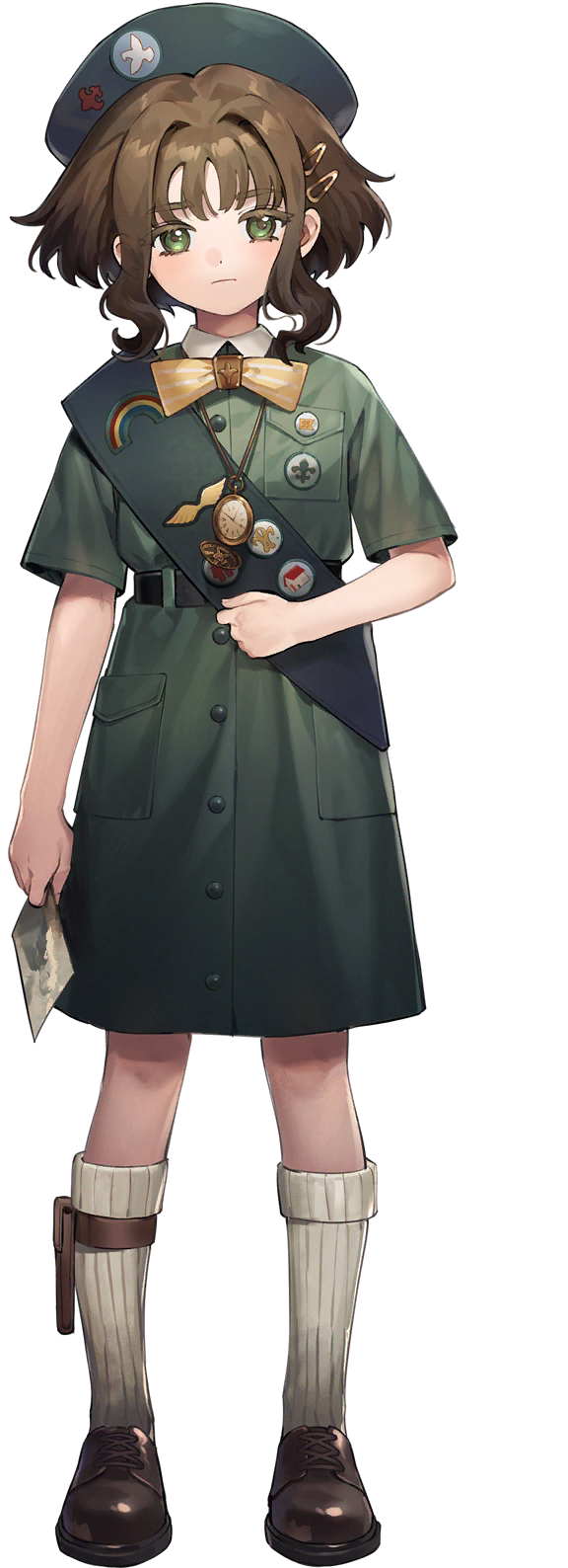1girl badge belt black_belt blue_headwear blush bow bowtie brown_footwear brown_hair dress eagle_(reverse:1999) full_body girl_scout green_dress highres holding holding_photo jewelry looking_at_viewer necklace official_art photo_(object) pocket pocket_watch reverse:1999 sash shoes short_hair sidelocks socks solo standing tachi-e third-party_source transparent_background watch white_socks yellow_bow yellow_bowtie