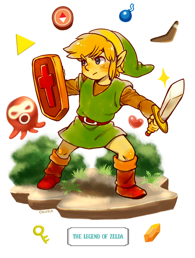 1boy belt blonde_hair blue_eyes bomb brown_belt brown_footwear compass copyright_name explosive full_body green_headwear green_tunic heart holding holding_shield holding_sword holding_weapon key link male_focus octorok pointy_ears rito_(kinokosoup) rupee_(zelda) shield simple_background solo sparkle sword the_legend_of_zelda the_legend_of_zelda_(nes) weapon white_background