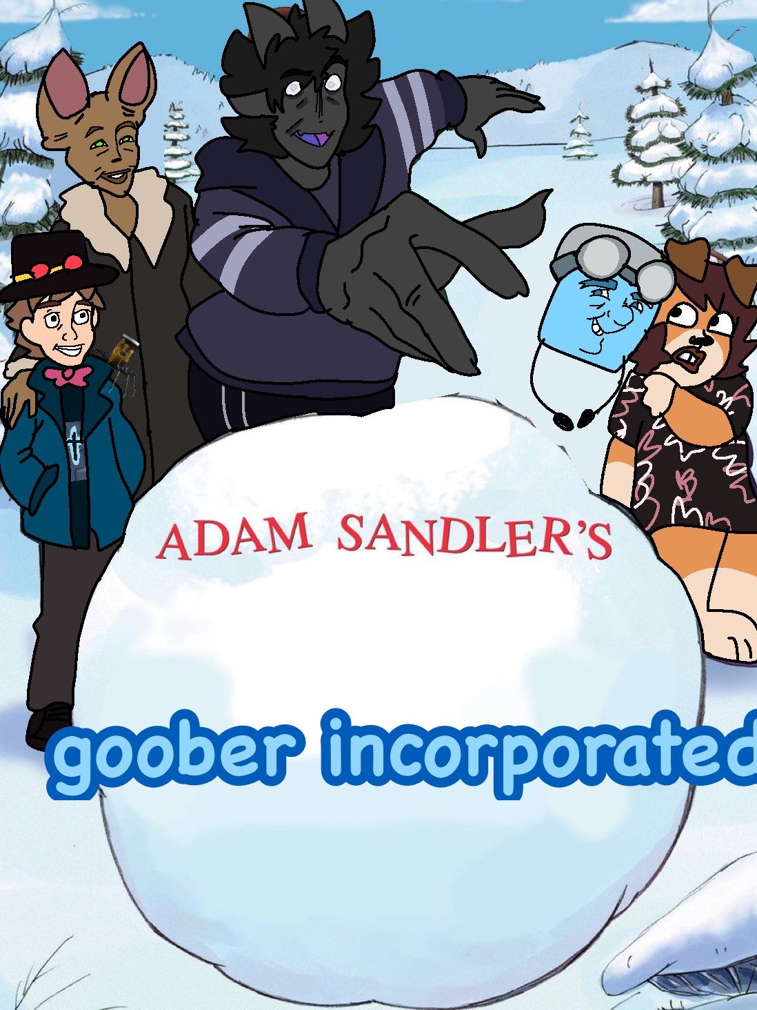 2023 adam_sandler's_(meme) ambiguous_gender anthro bat biped black_clothing bottomwear canid canine canis character_request clothed clothing colored detailed_background digital_drawing_(artwork) digital_media_(artwork) domestic_dog draw_over eight_crazy_nights evergreen_tree female fur group hair hi_res human light_body light_skin looking_at_viewer male mammal meme open_mouth outside parody plant shirt sky smile snow snowball text throwing_snowball topwear tree zeldroxx