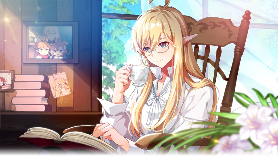 1boy ahoge blonde_hair blue_eyes book book_stack chair closed_mouth cup curtains drawing_(object) elf flower glasses grand_chase hair_between_eyes holding holding_cup kassias_grandiel leaf long_hair long_sleeves male_focus official_art open_book open_collar photo_(object) picture_frame pointy_ears popped_collar reading shirt smile solo table teacup third-party_source transparent_curtains upper_body white_flower white_shirt window wooden_wall