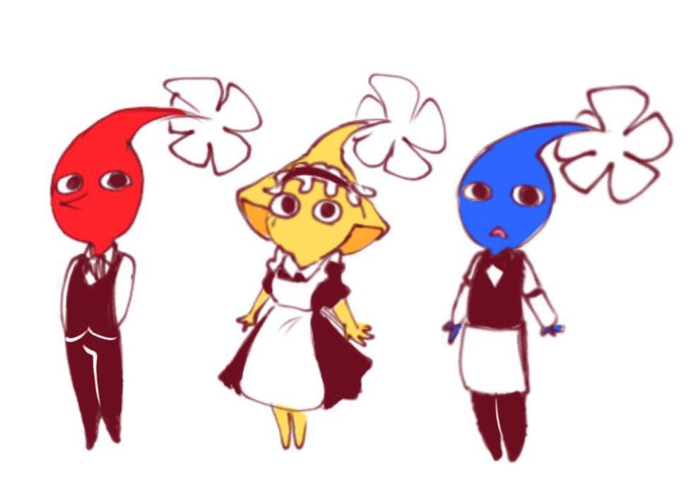 anthro azure_(goatbah) blue_body blue_pikmin buttercup_(goatbah) clothing colored_in crimson_(goatbah) elemental_creature female flora_fauna flower goatbah group maid_headdress maid_uniform male nintendo pikmin pikmin_(species) plant red_body red_pikmin trio uniform yellow_body yellow_pikmin