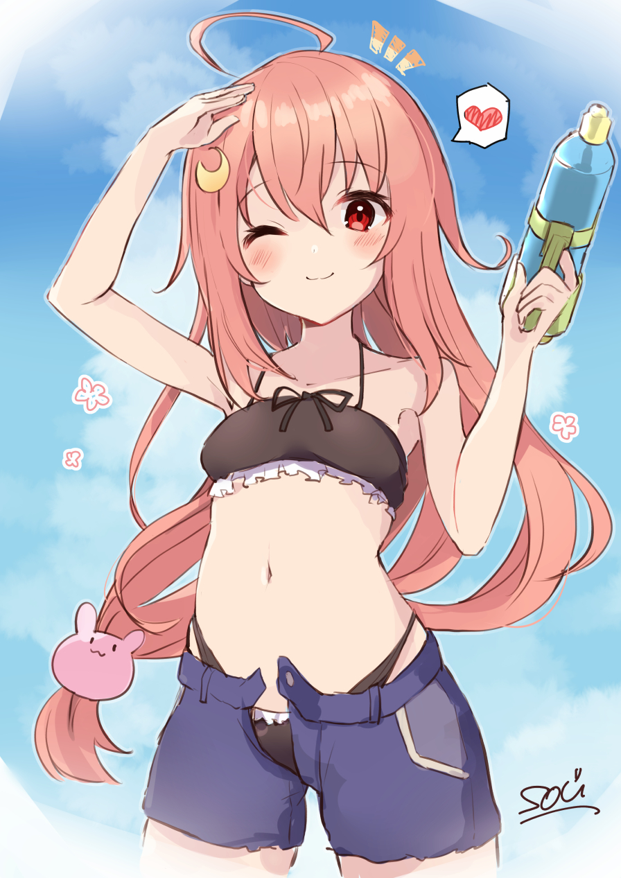 1girl ahoge artist_name bikini black_bikini blue_shorts blush closed_mouth collarbone cowboy_shot crescent crescent_hair_ornament hair_between_eyes hair_ornament heart highres holding holding_water_gun kantai_collection long_hair one_eye_closed open_fly pink_hair rabbit_hair_ornament red_eyes shorts signature smile solo sou_(soutennkouchi) spoken_heart swimsuit uzuki_(kancolle) very_long_hair water_gun