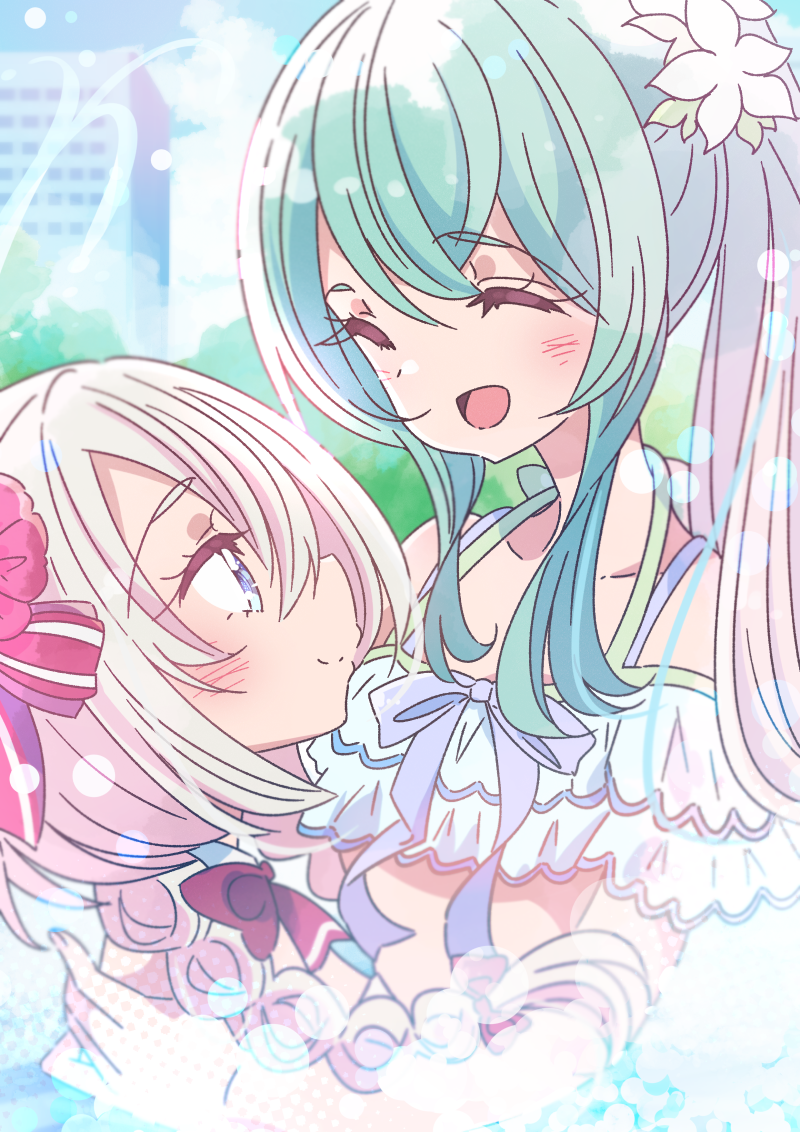 2girls :d ^_^ assault_lily bare_shoulders bikini blue_eyes blue_sky blush bow bowtie braid building closed_eyes closed_mouth cloud commentary_request day flower green_hair hair_between_eyes hair_bow hair_flower hair_ornament halterneck hand_on_another's_shoulder honkawa_works looking_at_another looking_up low_twin_braids low_twintails multi-strapped_bikini multiple_girls off-shoulder_bikini off_shoulder official_alternate_costume official_alternate_hairstyle outdoors pink_bow pink_flower ponytail profile purple_ribbon red_bow red_bowtie ribbon shiozaki_suzume sidelocks sky smile striped striped_bow swimsuit toki_kureha tree twin_braids twintails upper_body water white_bikini white_flower yuri