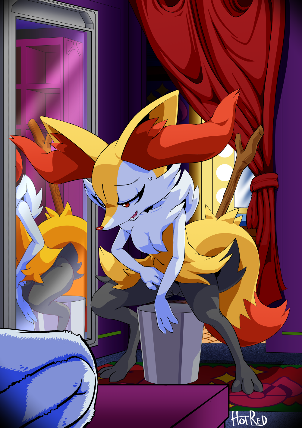 1girl animal_ear_fluff animal_ears animal_feet animal_hands animal_nose artist_name black_fur body_fur braixen cleft_of_venus commentary commission curtains dressing_room english_commentary feet flat_chest fox_ears fox_girl fox_tail full_body furry furry_female half-closed_eyes have_to_pee highres indoors mirror multicolored_fur multiple_views neck_fur nervous open_mouth pokemon pokemon_(creature) pussy red_eyes reflection rockthebull signature snout spread_legs squatting stick sweat tail towel trash_can white_fur yellow_fur