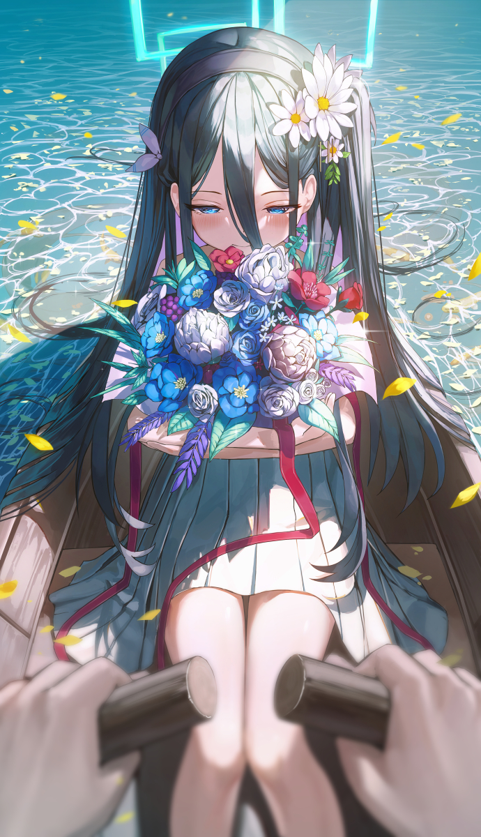 1boy 1girl aris_(blue_archive) black_hair blue_archive blush boat feet_out_of_frame flower grey_skirt hair_flower hair_ornament halo highres holding holding_paddle looking_down object_hug one_side_up paddle pleated_skirt pov pov_hands sensei_(blue_archive) shirt skirt wakum watercraft white_shirt