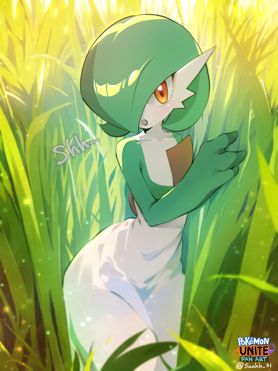 1other :o blurry collarbone colored_skin commentary_request copyright_name day finger_to_mouth gardevoir grass hand_up highres looking_at_viewer open_mouth orange_eyes outdoors pokemon pokemon_(game) pokemon_unite shushing suahh tall_grass twitter_username white_skin