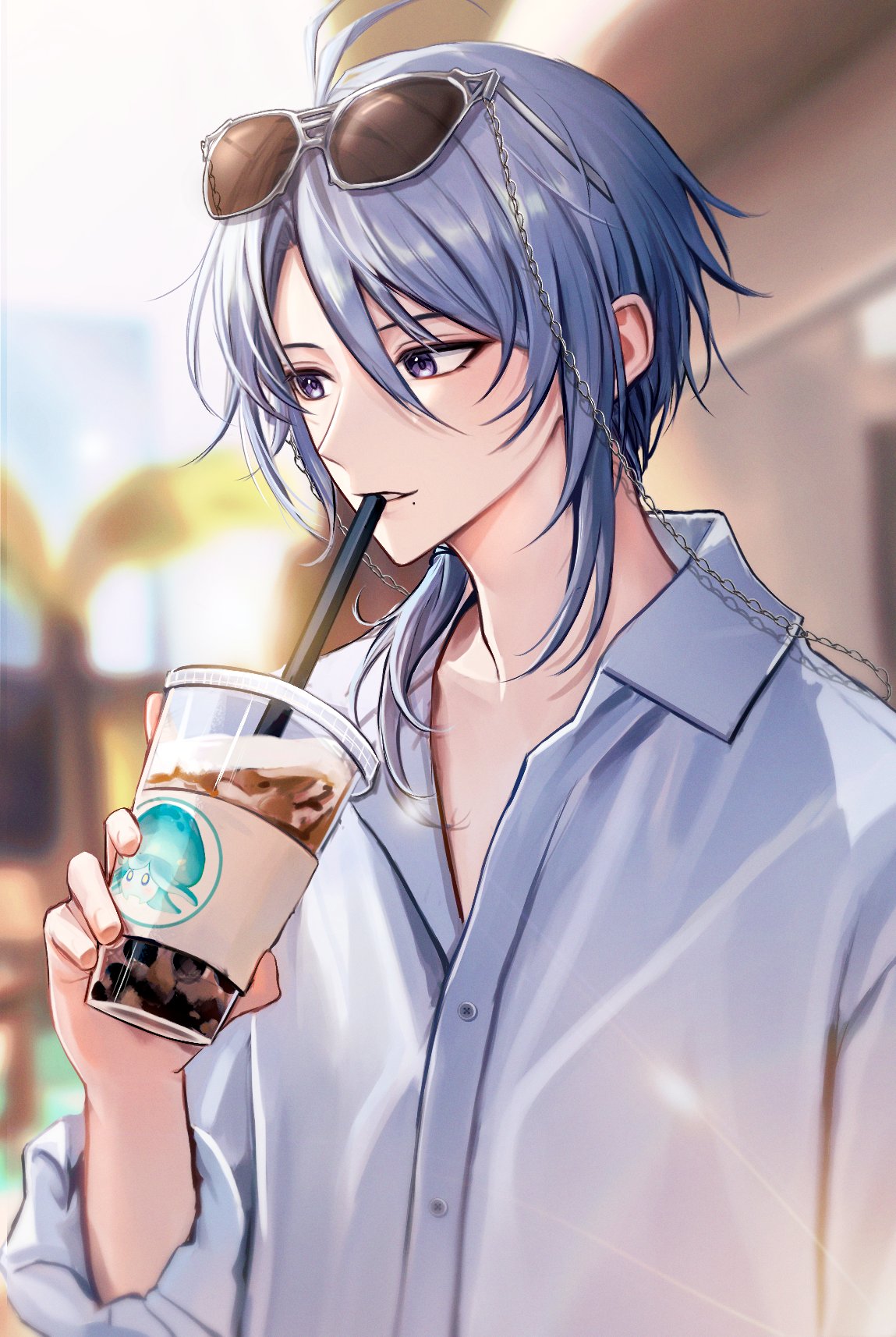 1boy alternate_costume bishounen blue_hair bubble_tea collared_shirt cup drinking_straw facing_to_the_side genshin_impact highres holding holding_cup kamisato_ayato light_blue_hair long_sleeves looking_down low_ponytail male_focus medium_hair mole mole_under_eye pponnya purple_eyes shirt smile solo sunglasses teeth white_shirt