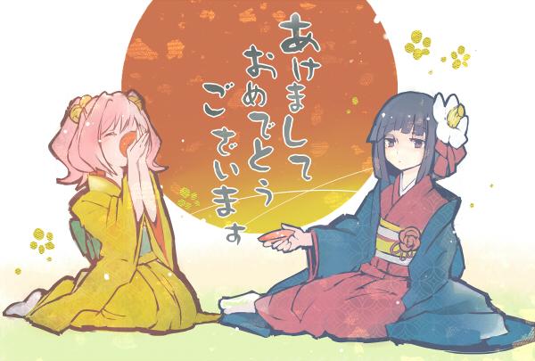 2girls akeome back_bow bell blue_jacket blunt_bangs blunt_ends bow circle closed_mouth commentary_request cup drinking expressionless flower green_bow green_sash hair_bell hair_flower hair_ornament hair_ribbon half-closed_eyes hanada_hyou haori happy_new_year hieda_no_akyuu holding holding_cup jacket japanese_clothes kimono motoori_kosuzu multiple_girls new_year obi open_clothes open_jacket outstretched_hand petals pink_hair purple_eyes purple_hair red_flower red_kimono red_ribbon red_rose ribbon rose sakazuki sash seiza short_hair sitting socks tabi touhou translation_request twintails white_background white_flower white_socks yellow_flower yellow_kimono yellow_sash