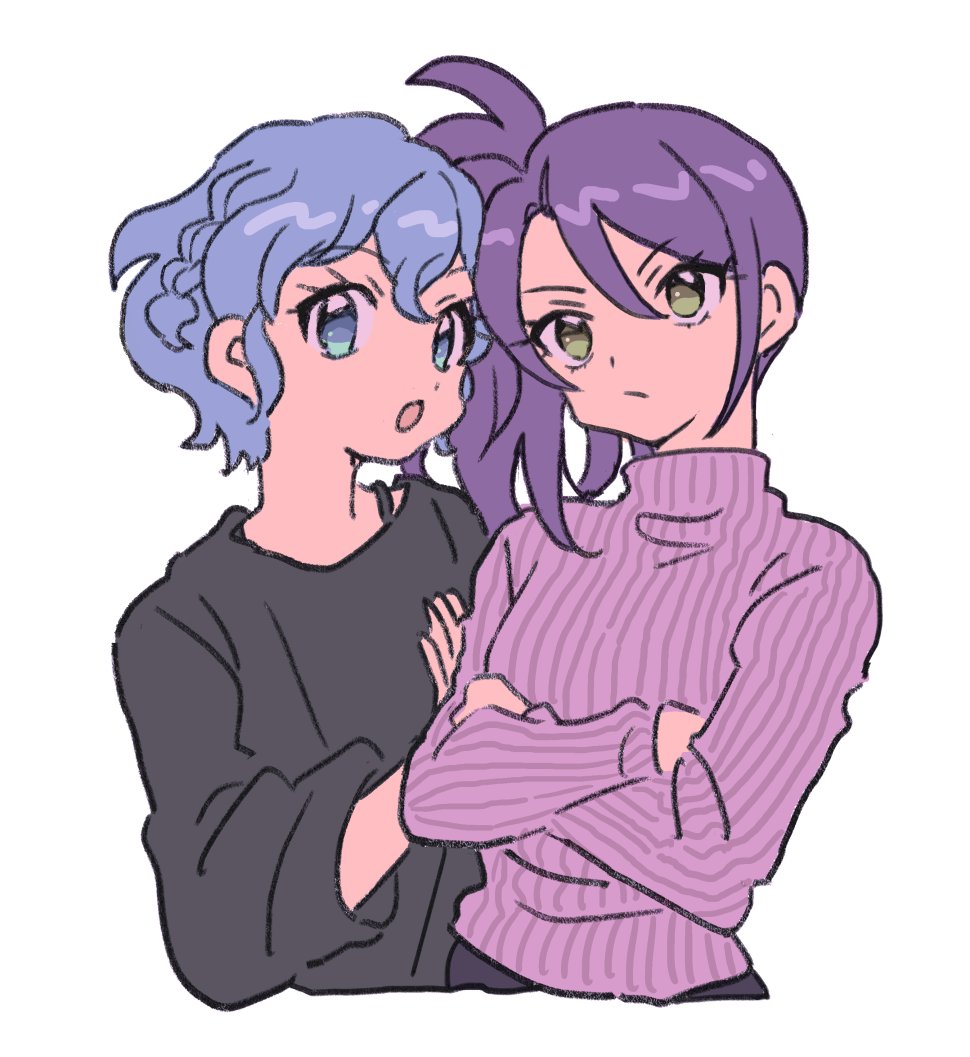 2girls black_shirt blue_eyes blue_hair closed_mouth cropped_torso crossed_arms dorothy_west hair_between_eyes hand_on_another's_arm hand_up long_hair long_sleeves looking_at_viewer multiple_girls open_mouth pink_sweater pretty_(series) pripara purple_hair rituyama1 shirt short_hair side_ponytail simple_background sweater toudou_shion turtleneck turtleneck_sweater upper_body white_background yellow_eyes