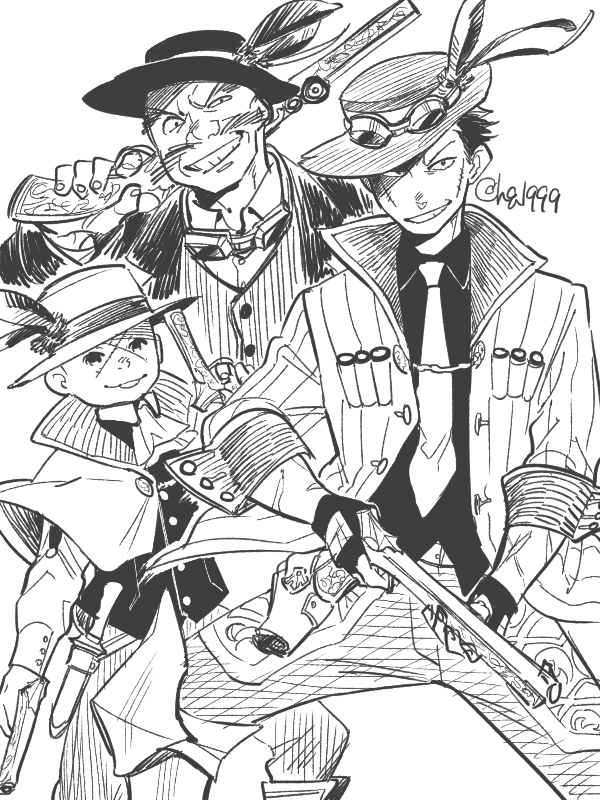 3boys bald batten-chan_(osomatsu-kun) boss_with_education_mother_(osomatsu-kun) cross_scar extra greyscale grin gun hat_feather male_focus monochrome multiple_boys necktie osomatsu-kun popped_collar scar scar_on_face smile tamago_toji tetsu_the_killer_(osomatsu-kun) twitter_username weapon