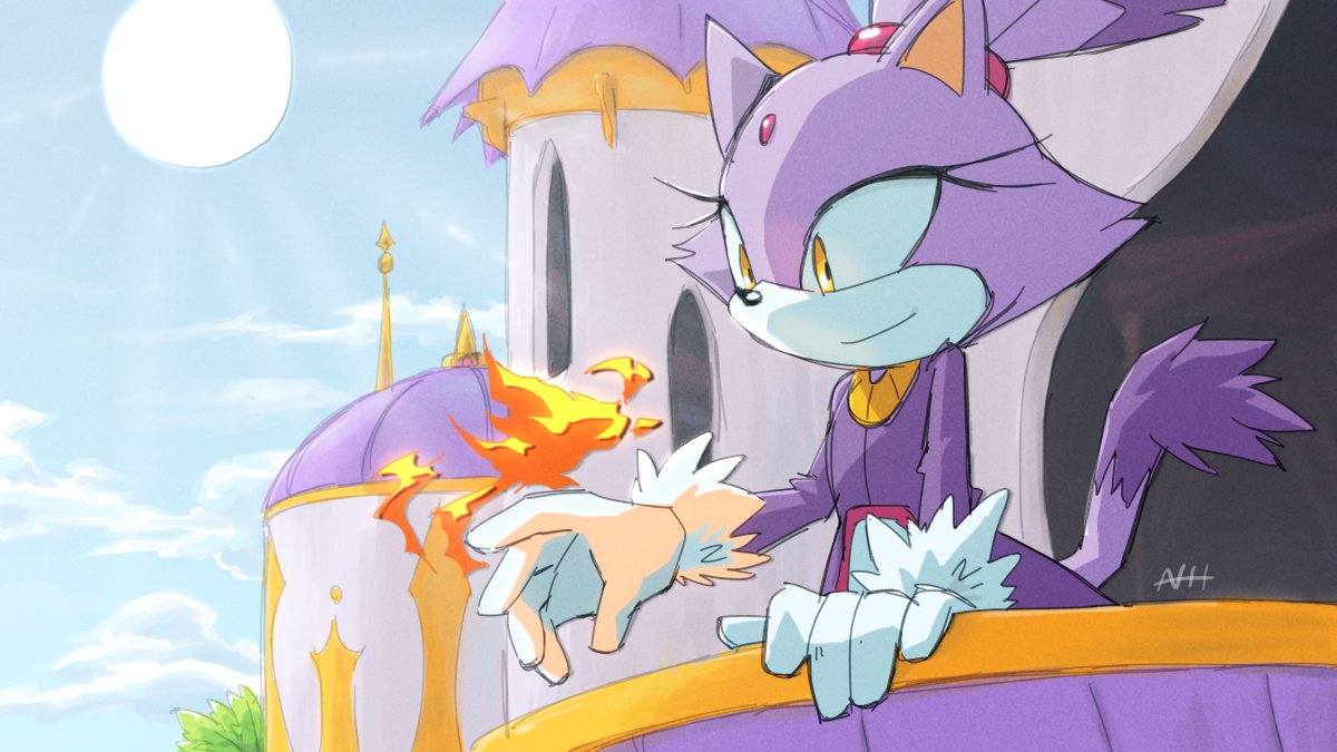 1girl balcony blaze_the_cat castle cat_girl eyelashes fire forehead_jewel fur-trimmed_gloves fur_trim furry furry_female gloves gold_necklace jacket jewelry light_smile necklace ponytail purple_jacket sonic_(series) sonic_rush_adventure sun virtanderson yellow_eyes