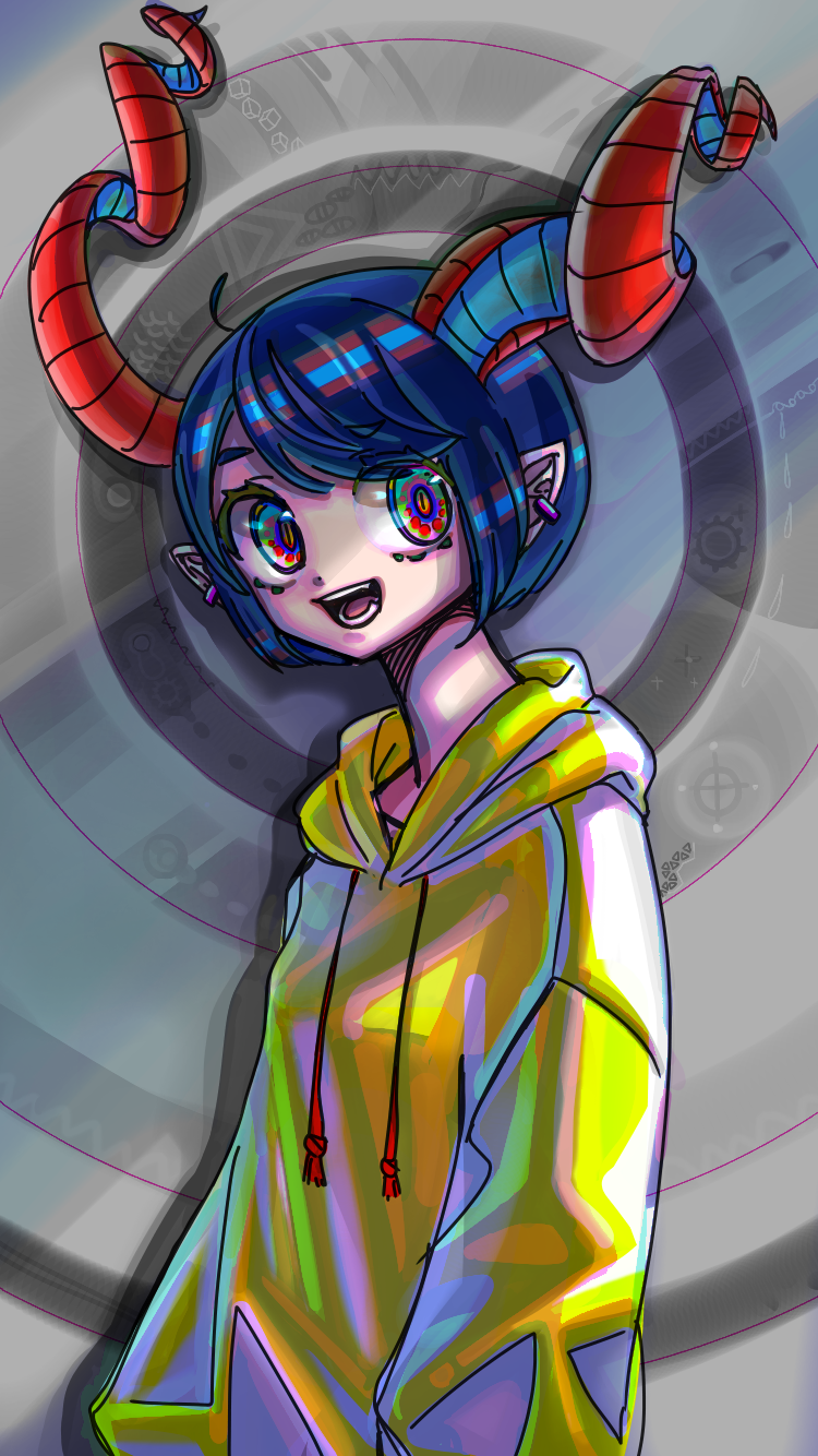 1girl ame_(metorui) blue_hair bob_cut commentary_request curled_horns demon_girl demon_horns drawstring earrings fangs flat_chest grey_background happy highres hood hood_down hooded_sweater horns jewelry long_sleeves looking_to_the_side multicolored_eyes open_mouth original partial_commentary pointy_ears raised_eyebrow red_horns short_hair sidelocks slit_pupils smile solo standing sweater teeth upper_body yellow_sweater