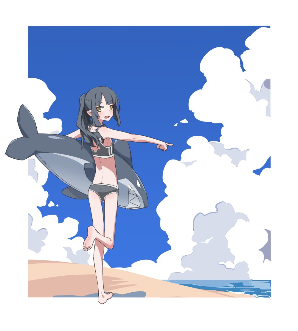 1girl :d akari_(raigou) barefoot beach bikini black_hair blue_sky blush border cloud commentary fang grey_bikini holding inflatable_shark inflatable_toy looking_at_viewer medium_hair original outside_border pointing ponytail raigou skin_fang sky smile solo swimsuit water white_border wide_shot yellow_eyes