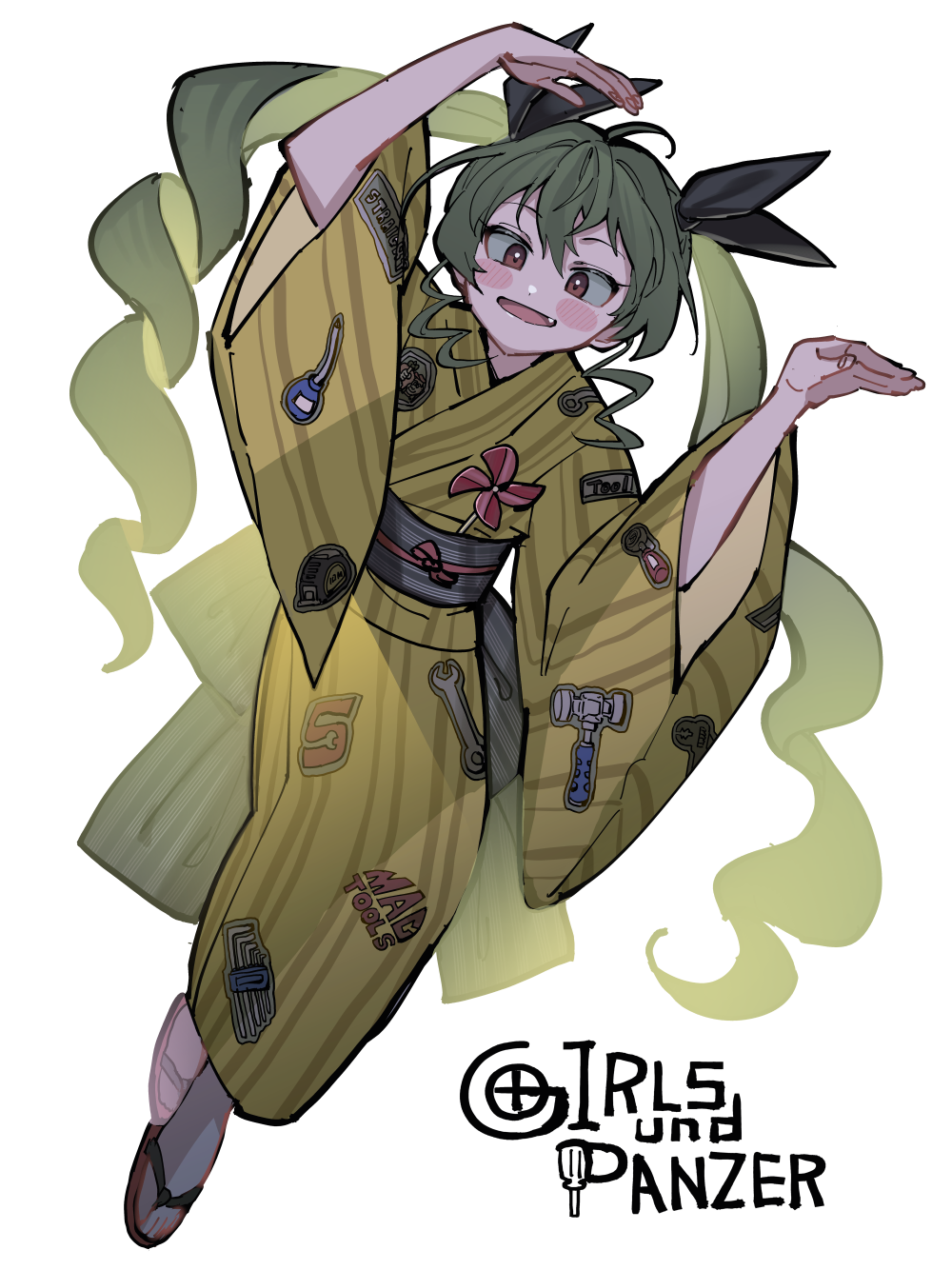 1girl anchovy_(girls_und_panzer) arms_up black_ribbon blush brown_eyes commentary_request copyright_name drill_hair fang girls_und_panzer green_hair hair_between_eyes hair_ribbon highres japanese_clothes kimono long_hair long_sleeves looking_at_viewer machishita_atake obi open_mouth print_kimono ribbon sash simple_background smile solo twin_drills twintails white_background wide_sleeves yellow_kimono